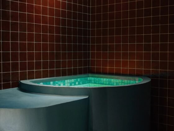 Round turquoise-water plunge pool, curved steps and dark terracotta tiles in a private room at Swell.