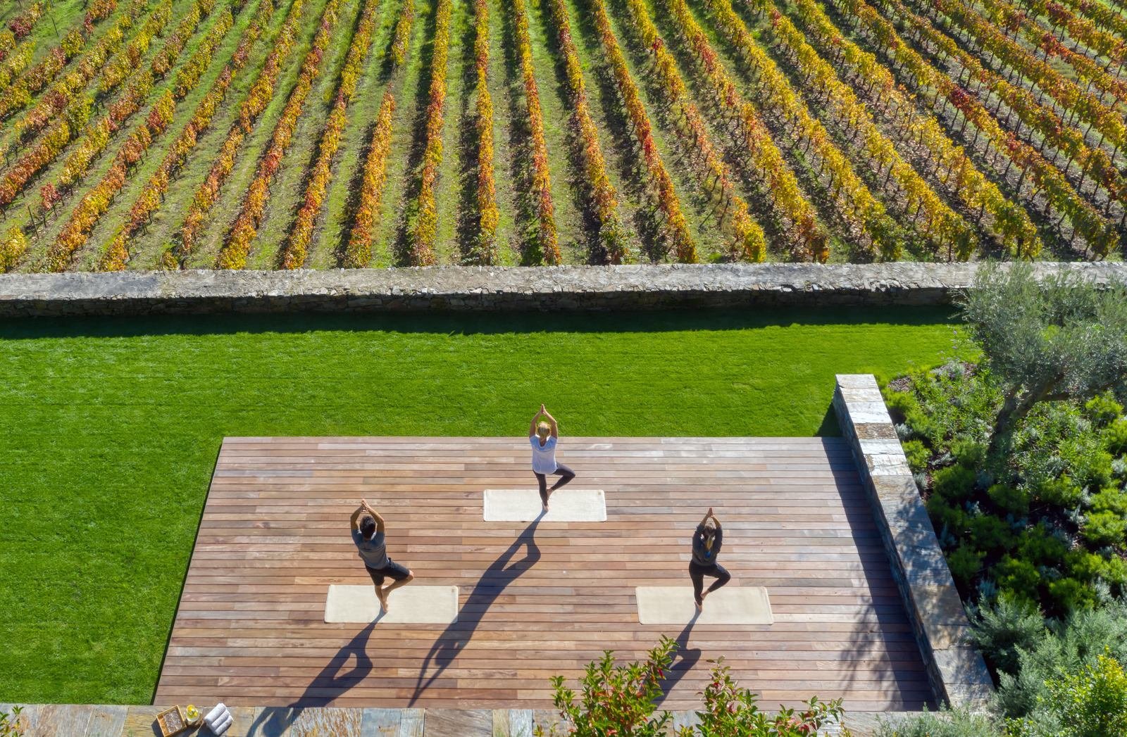 Three people practise a standing yoga pose on a wooden deck beside rows of golden vines at Six Senses Douro Valley.