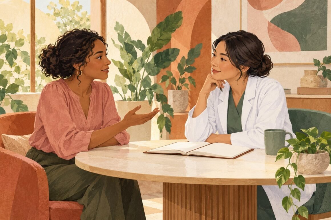 Illustrated patient and clinician talking in a calm consultation space.