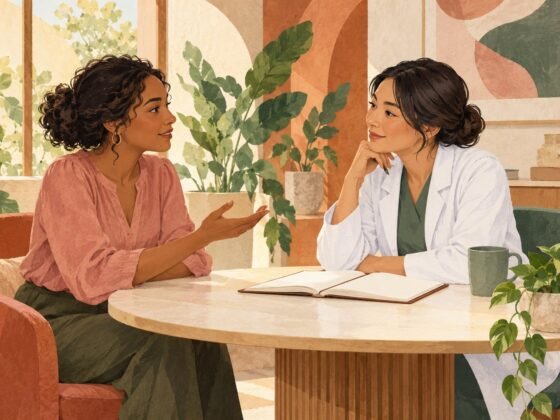 Illustrated patient and clinician talking in a calm consultation space.