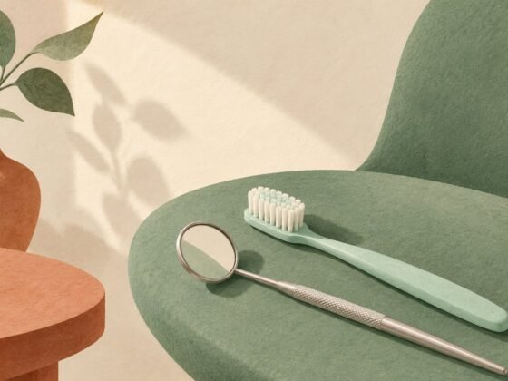 A dental mirror and toothbrush in a soft, welcoming setting.