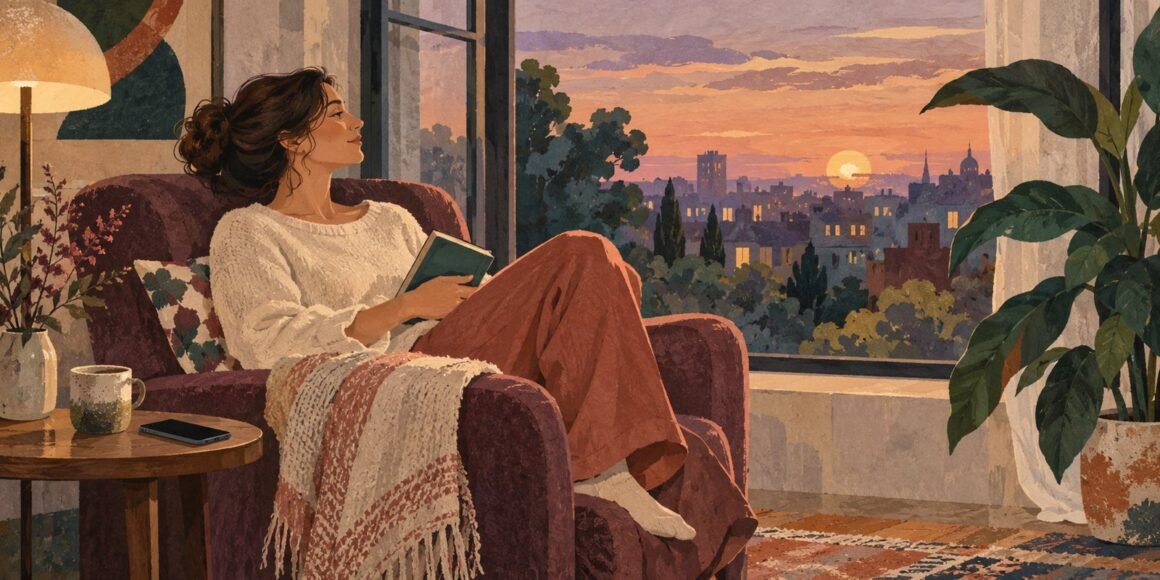Illustrated woman resting with a book beside a dusk-lit window, with her phone on a side table.