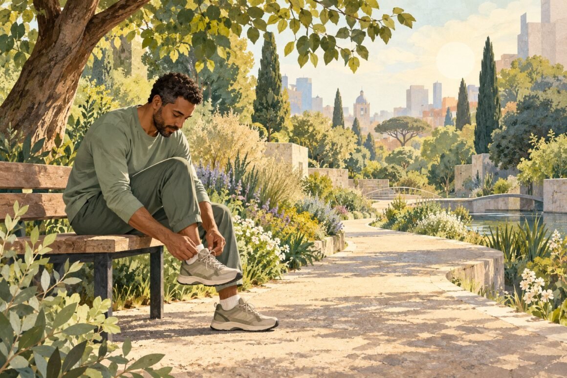 Illustrated adult sitting on a bench to tie a walking shoe beside a quiet garden path.