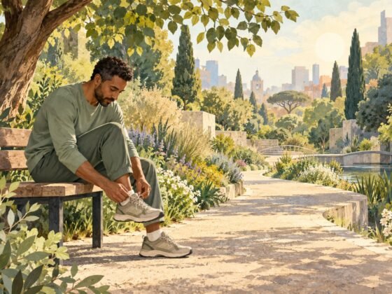 Illustrated adult sitting on a bench to tie a walking shoe beside a quiet garden path.