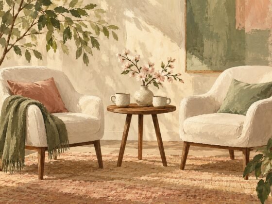 Two welcoming empty chairs and a small table in an illustrated quiet room.