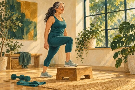 Illustrated older adult practising a low step-up in a bright exercise space.