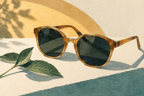Illustrated sunglasses resting in warm daylight.