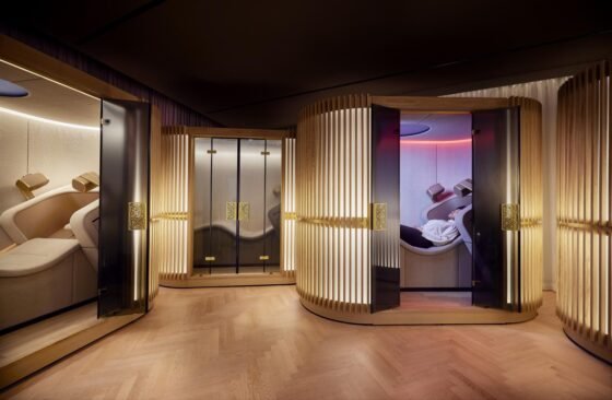 Warm wood-screened Mind Oasis reclining spaces in Rituals press imagery.
