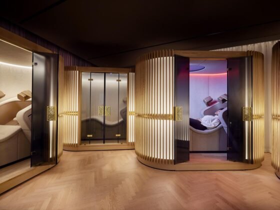 Warm wood-screened Mind Oasis reclining spaces in Rituals press imagery.