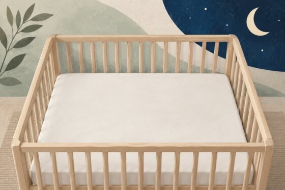 Illustrated empty cot with a clear, flat sleep surface.