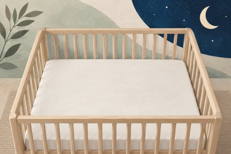 Illustrated empty cot with a clear, flat sleep surface.