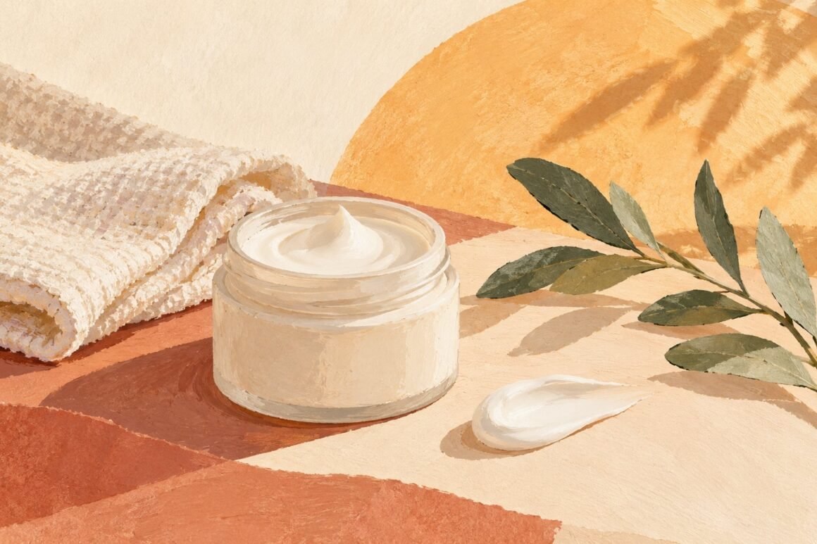 An unbranded moisturiser jar and a folded towel in a warm editorial illustration.