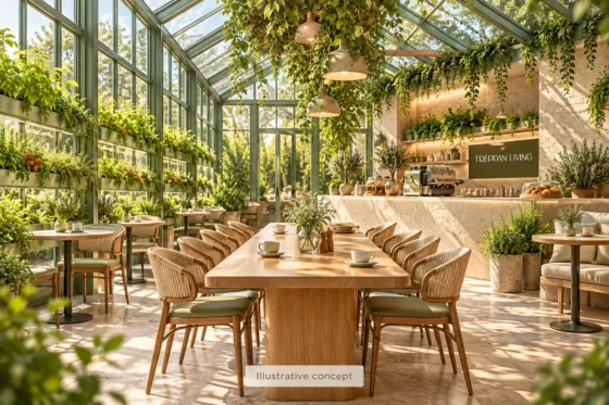 Illustrative greenhouse café concept for Treppan Greenhouse Café at Maimoon Gardens, JVC; not a photograph or confirmed design of the premises.