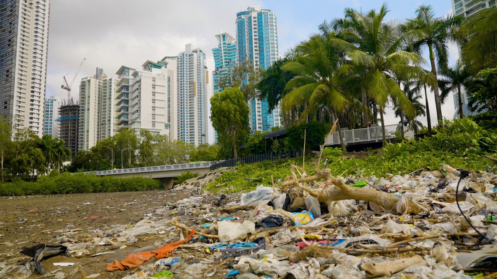 Discarded plastics and other waste beside a river below city buildings