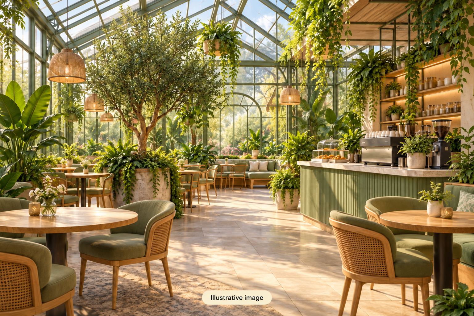 Illustrative greenhouse café interior, not a photograph of this venue.