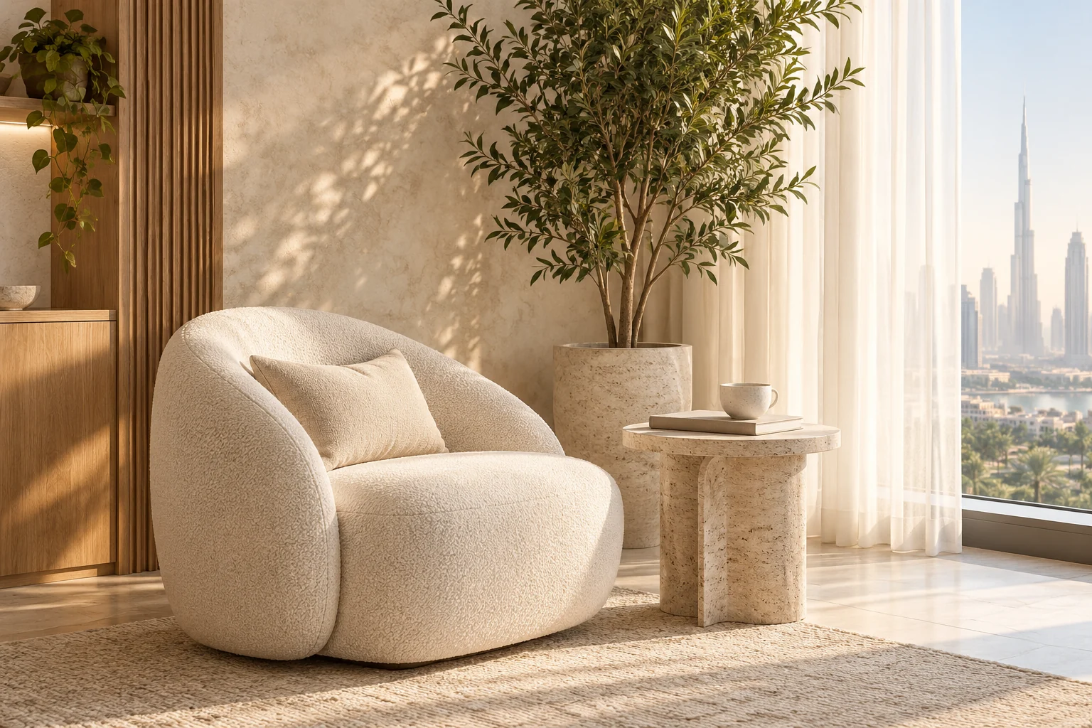 Illustrative placeholder of a light-filled office lounge with a cream chair and indoor greenery