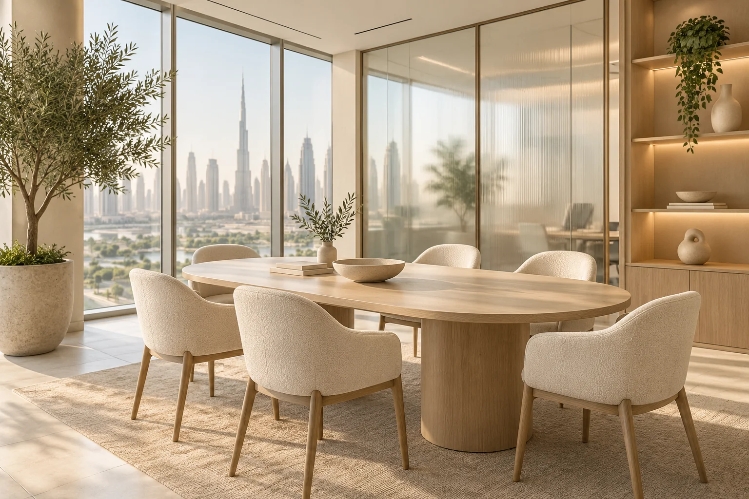 Illustrative placeholder of a contemporary office meeting room with a pale oak table and cream chairs