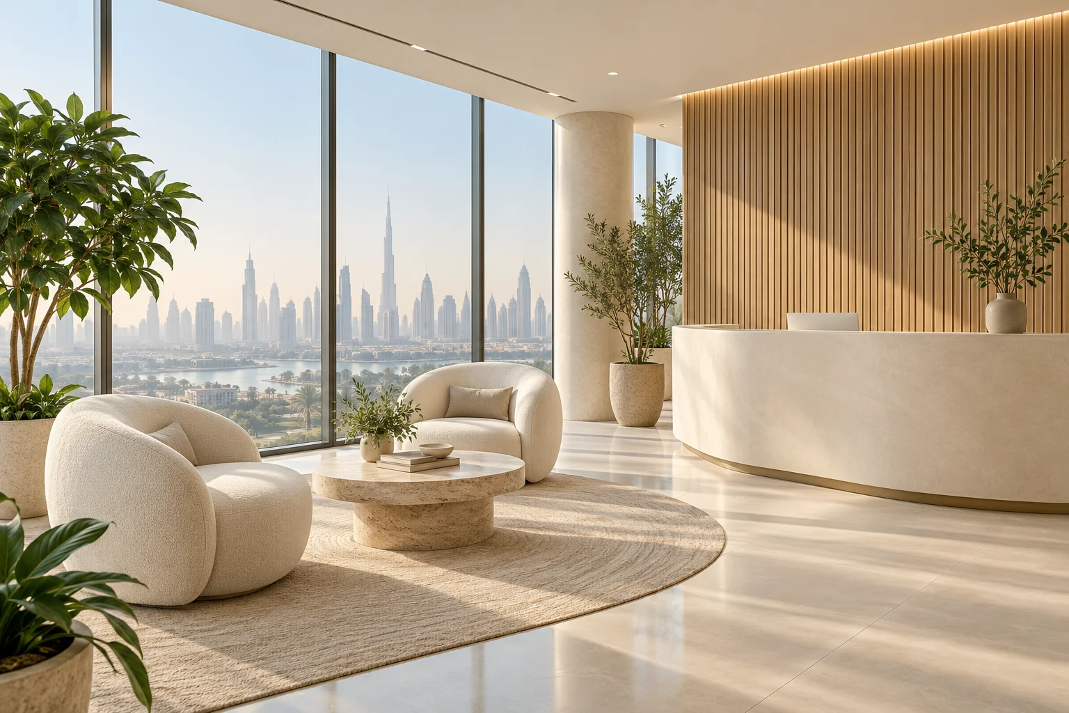 Illustrative placeholder of a contemporary office reception with a curved ivory desk, lounge seating and plants