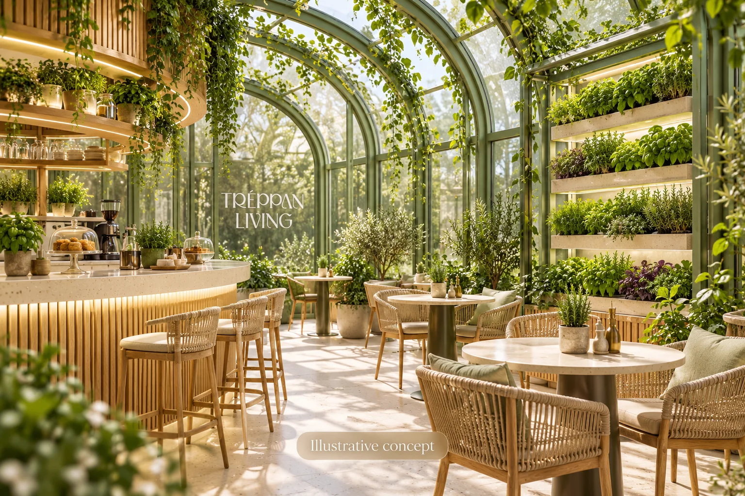 Illustrative greenhouse café concept for Treppan Greenhouse Café at Treppan Tower, JVT; not a photograph or confirmed design of the premises.