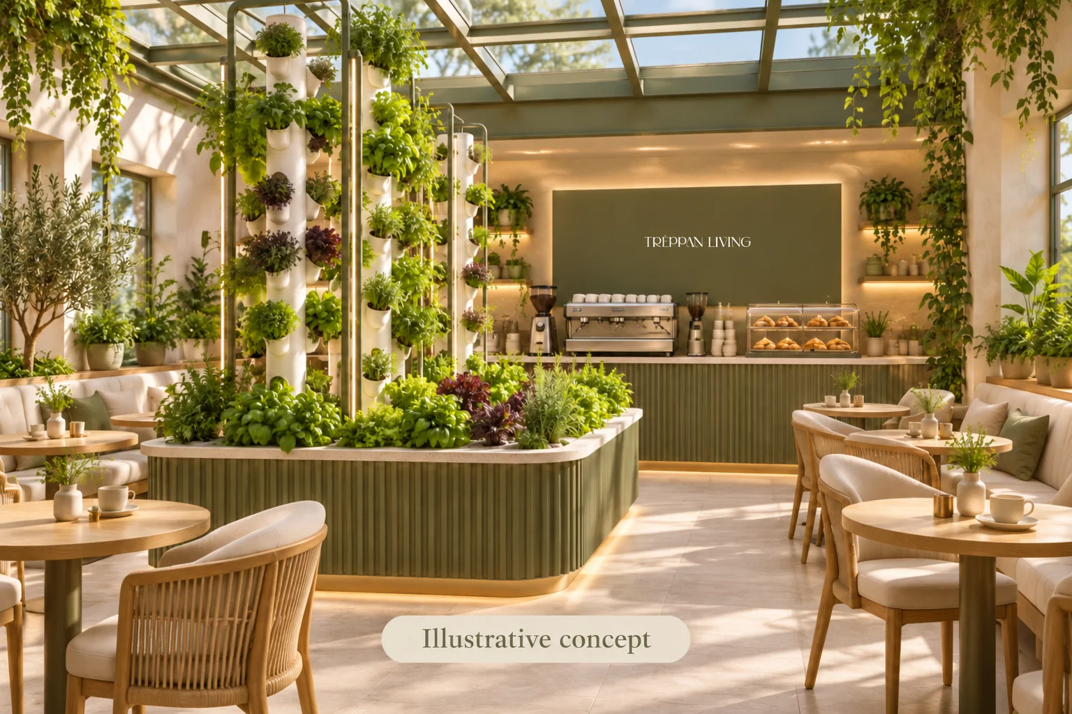 Illustrative greenhouse café concept for Treppan Greenhouse Café at Treppan Vision, DLRC; not a photograph or confirmed design of the premises.